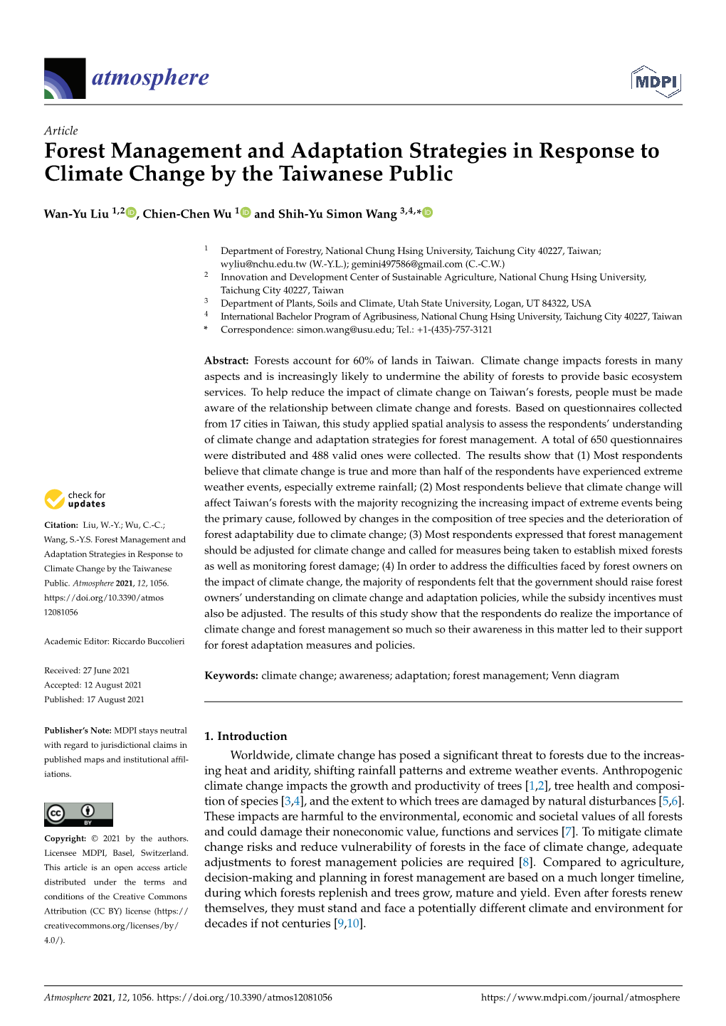 Forest Management and Adaptation Strategies in Response to Climate Change by the Taiwanese Public
