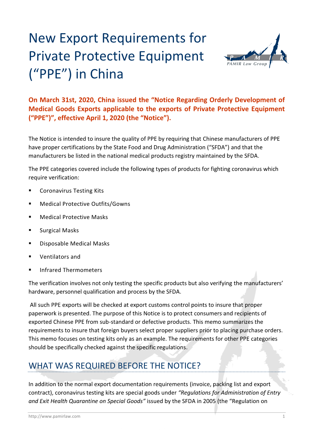 New Export Requirements for Private Protective Equipment (“PPE”) in China