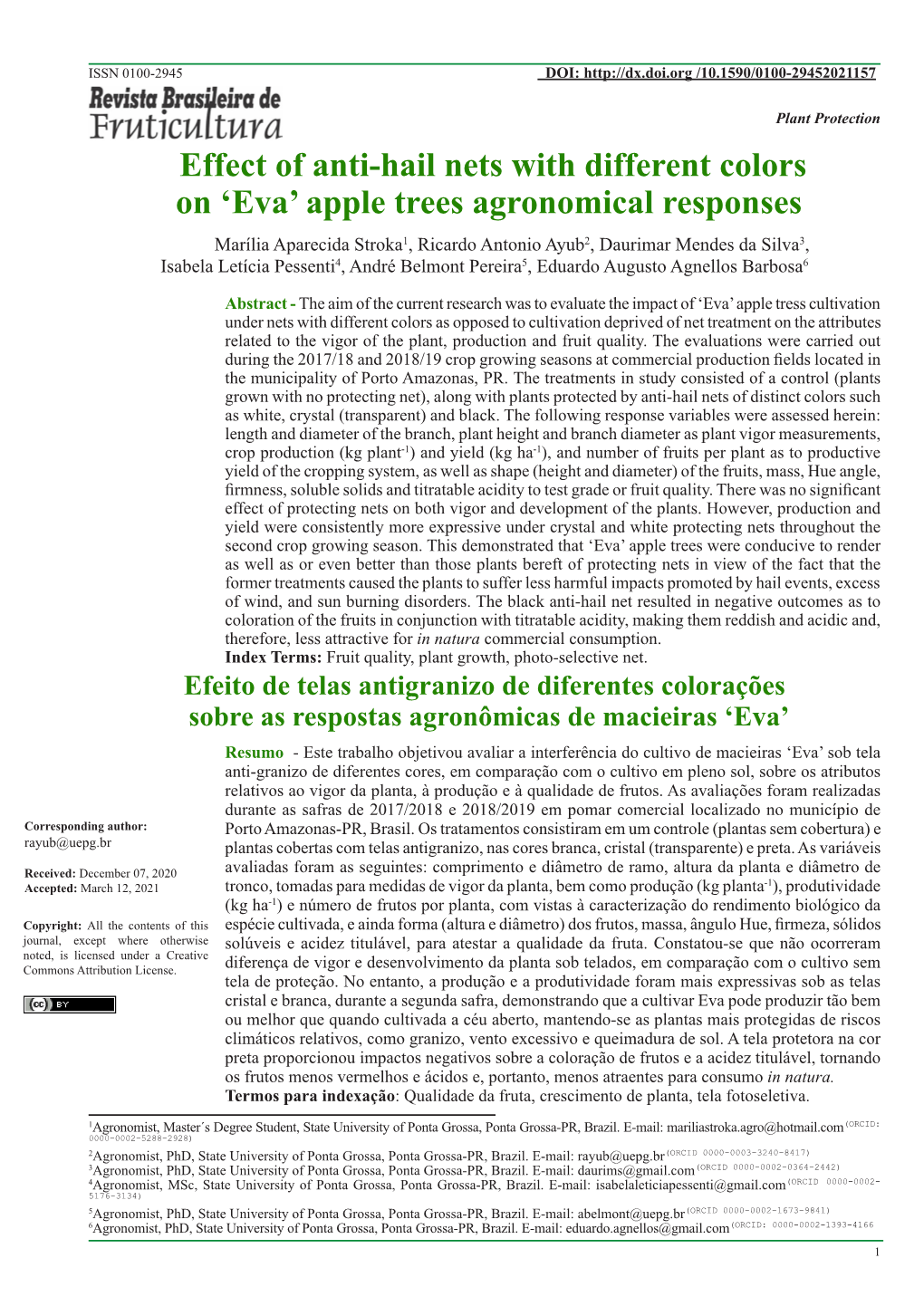 Effect of Anti-Hail Nets with Different Colors on 'Eva' Apple Trees