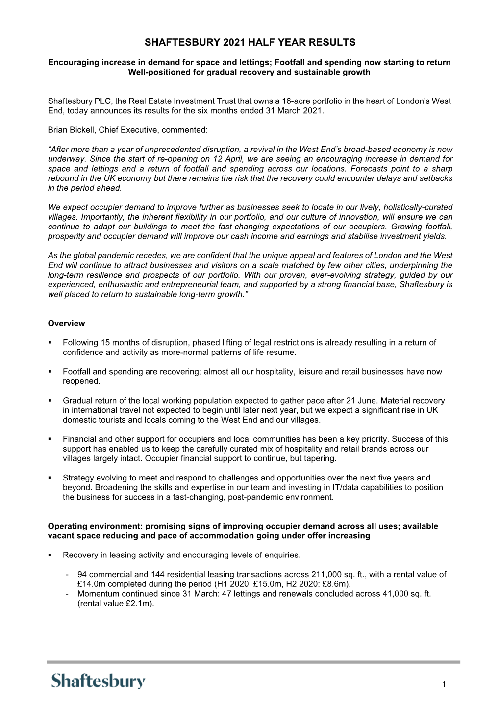 Shaftesbury 2021 Half Year Results