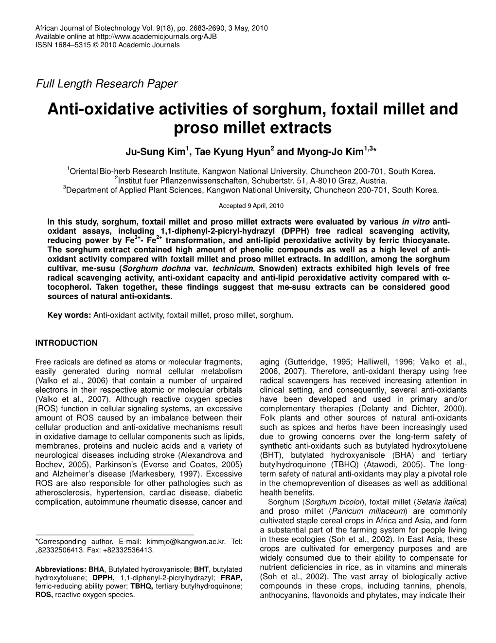 Anti-Oxidative Activities of Sorghum, Foxtail Millet and Proso Millet Extracts