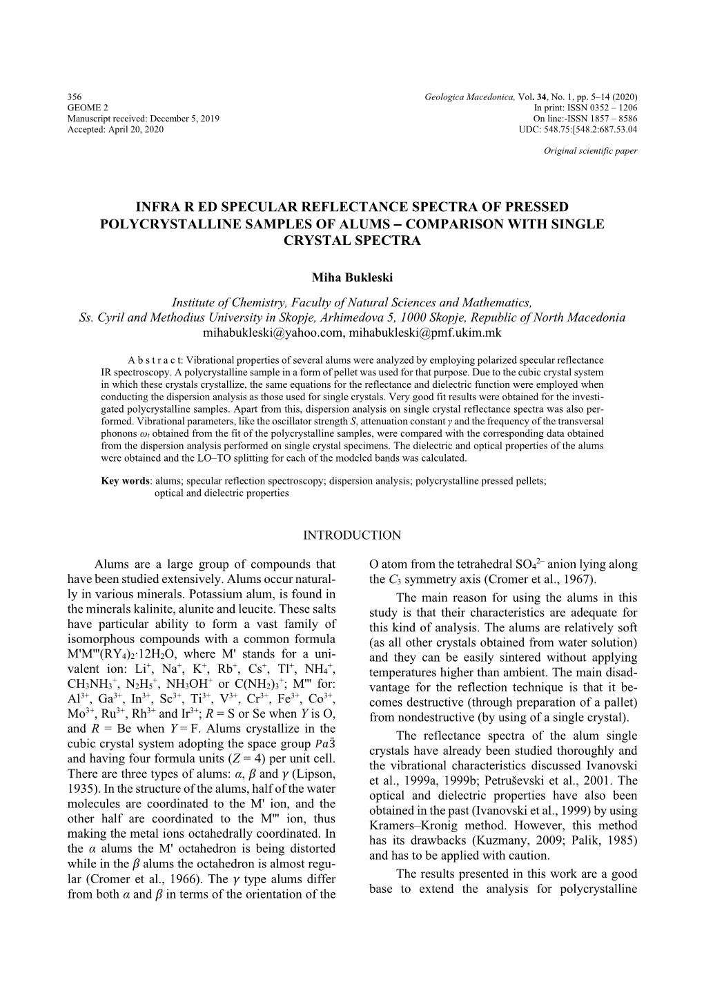 Infra R Ed Specular Reflectance Spectra of Pressed Polycrystalline Samples of Alums − Comparison with Single Crystal Spectra