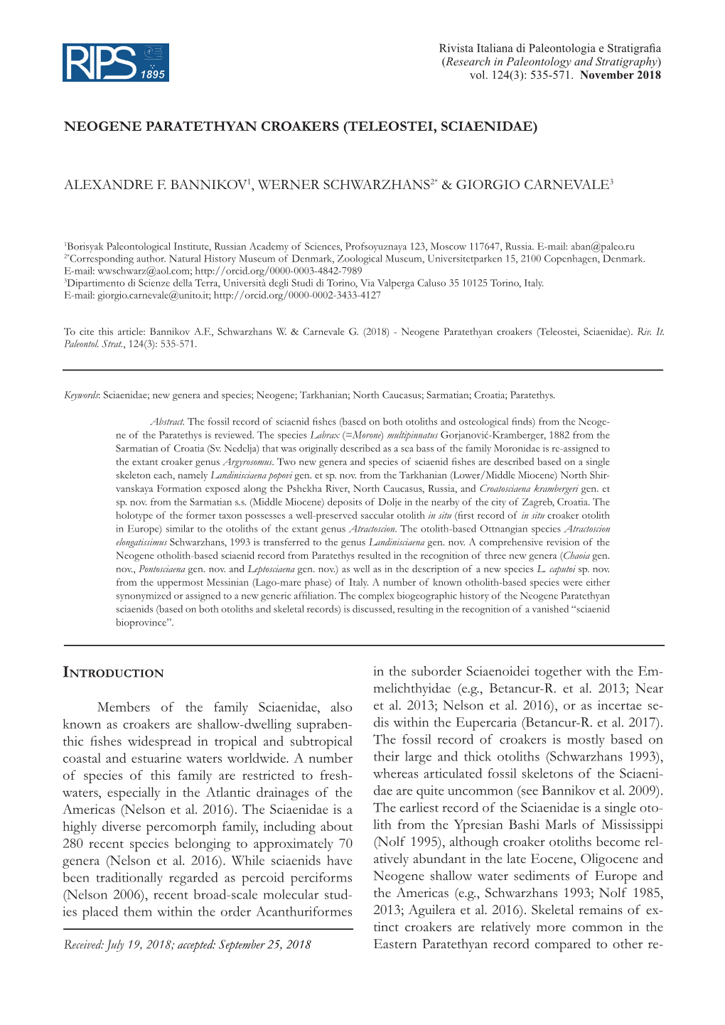 Neogene Paratethyan Croakers (Teleostei, Sciaenidae) Alexandre F