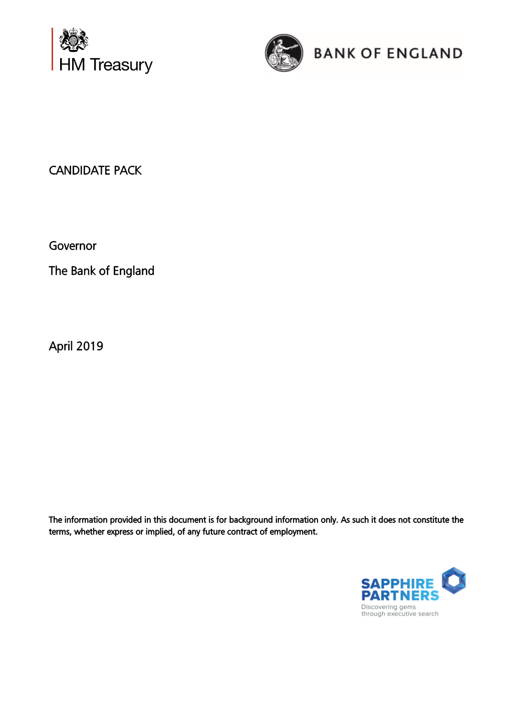 CANDIDATE PACK Governor the Bank of England April 2019