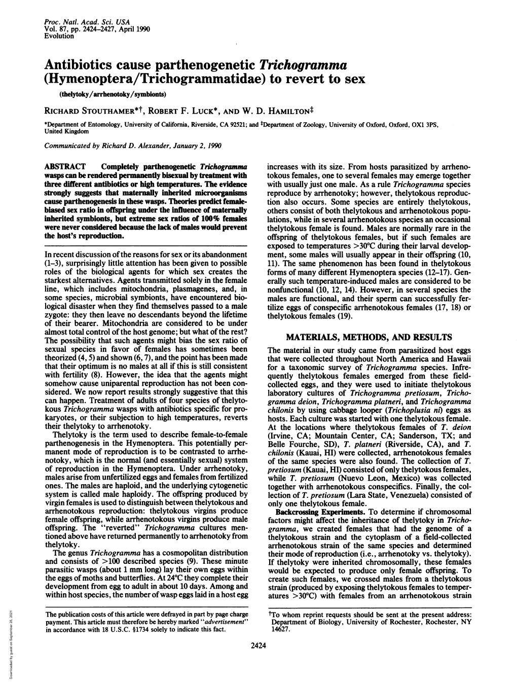 Hymenoptera/Trichogrammatidae) to Revert to Sex (Thelytoky/Arrhenotoky/Symbionts) RICHARD STOUTHAMER*T, ROBERT F