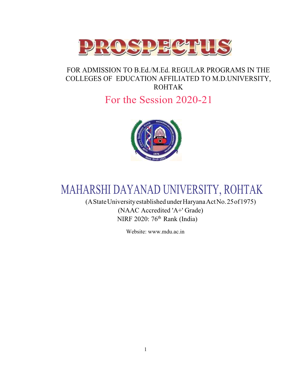 MAHARSHI DAYANAD UNIVERSITY, ROHTAK (A State University Established Under Haryana Act No