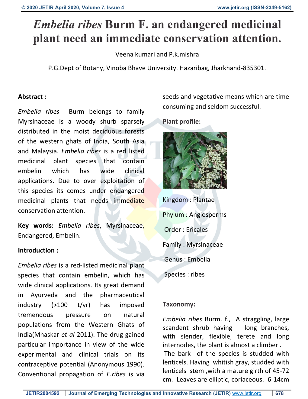 Embelia Ribes Burm F. an Endangered Medicinal Plant Need an Immediate Conservation Attention