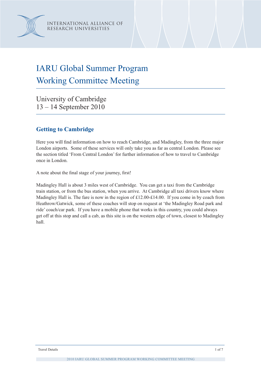 IARU Global Summer Program Working Committee Meeting