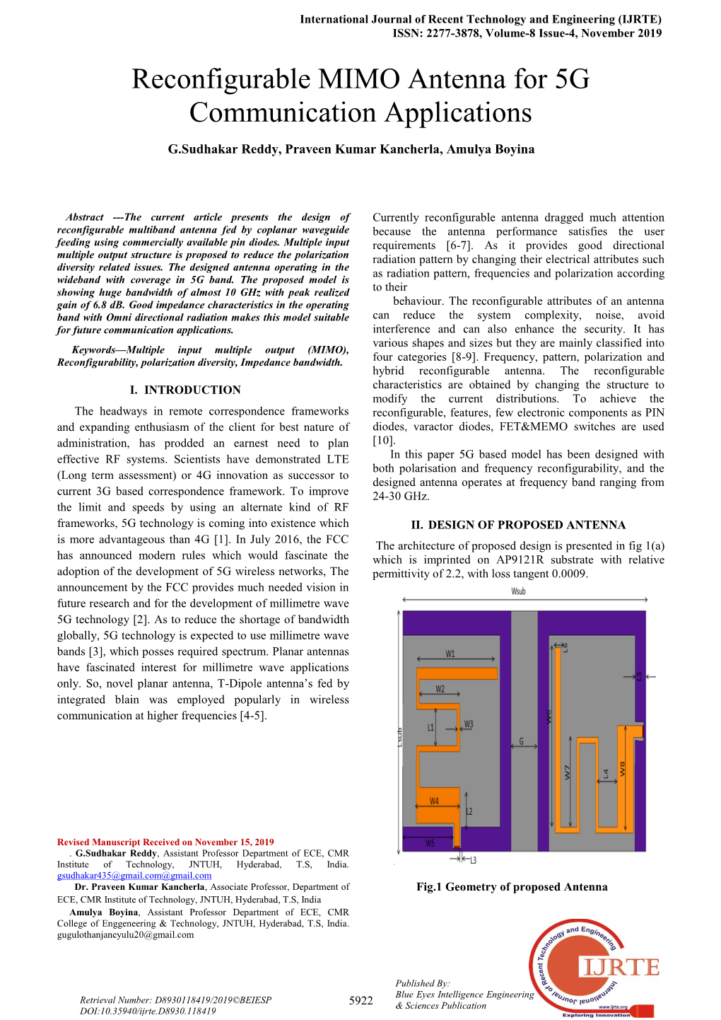 Reconfigurable MIMO Antenna for 5G Communication Applications