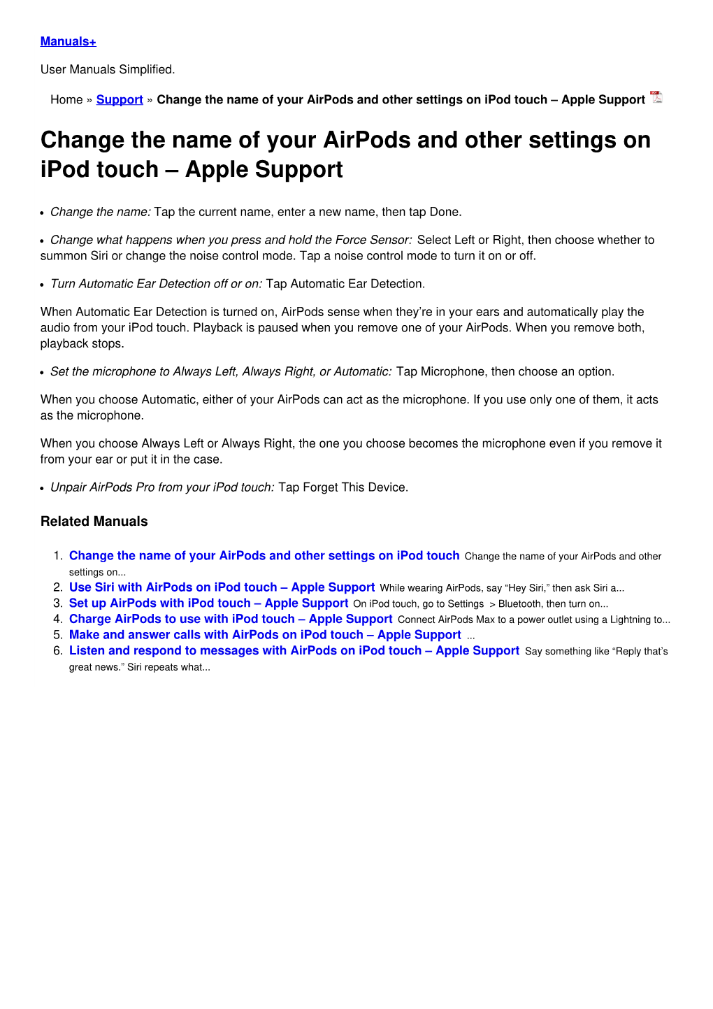 Change the Name of Your Airpods and Other Settings on Ipod Touch – Apple Support