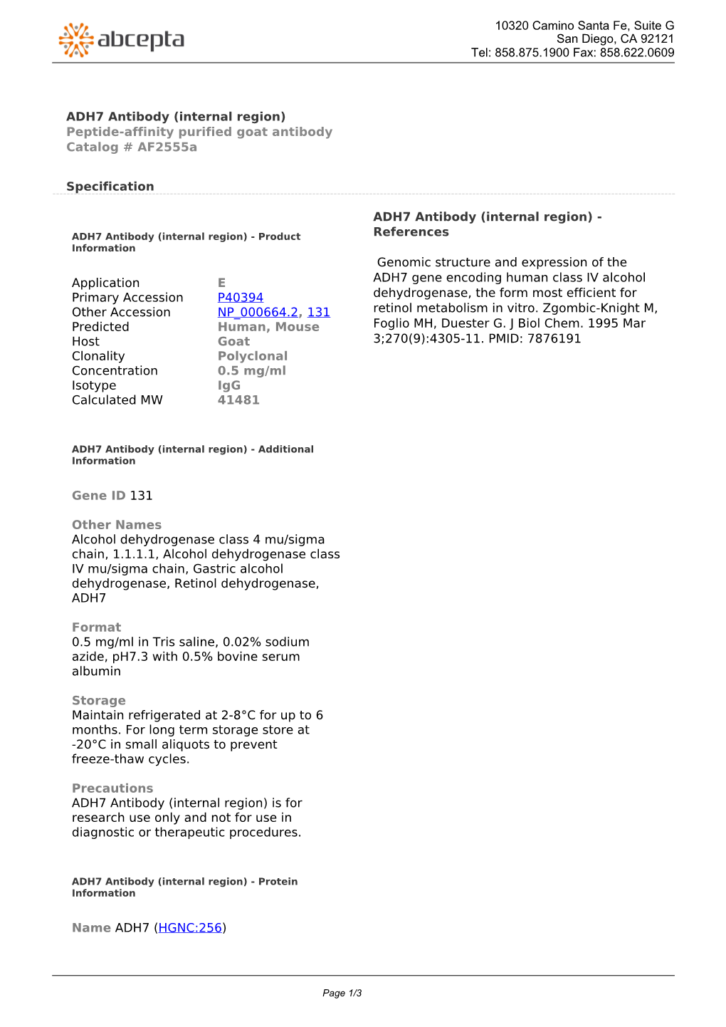 ADH7 Antibody (Internal Region) Peptide-Affinity Purified Goat Antibody Catalog # Af2555a