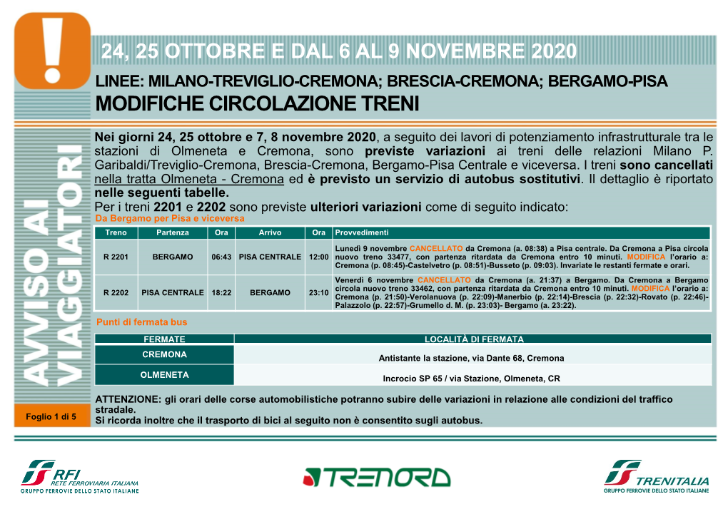 24, 25 Ottobre E Dal 6 Al 9 Novembre 2020 Linee: Milano-Treviglio-Cremona; Brescia-Cremona; Bergamo-Pisa Modifiche Circolazione Treni