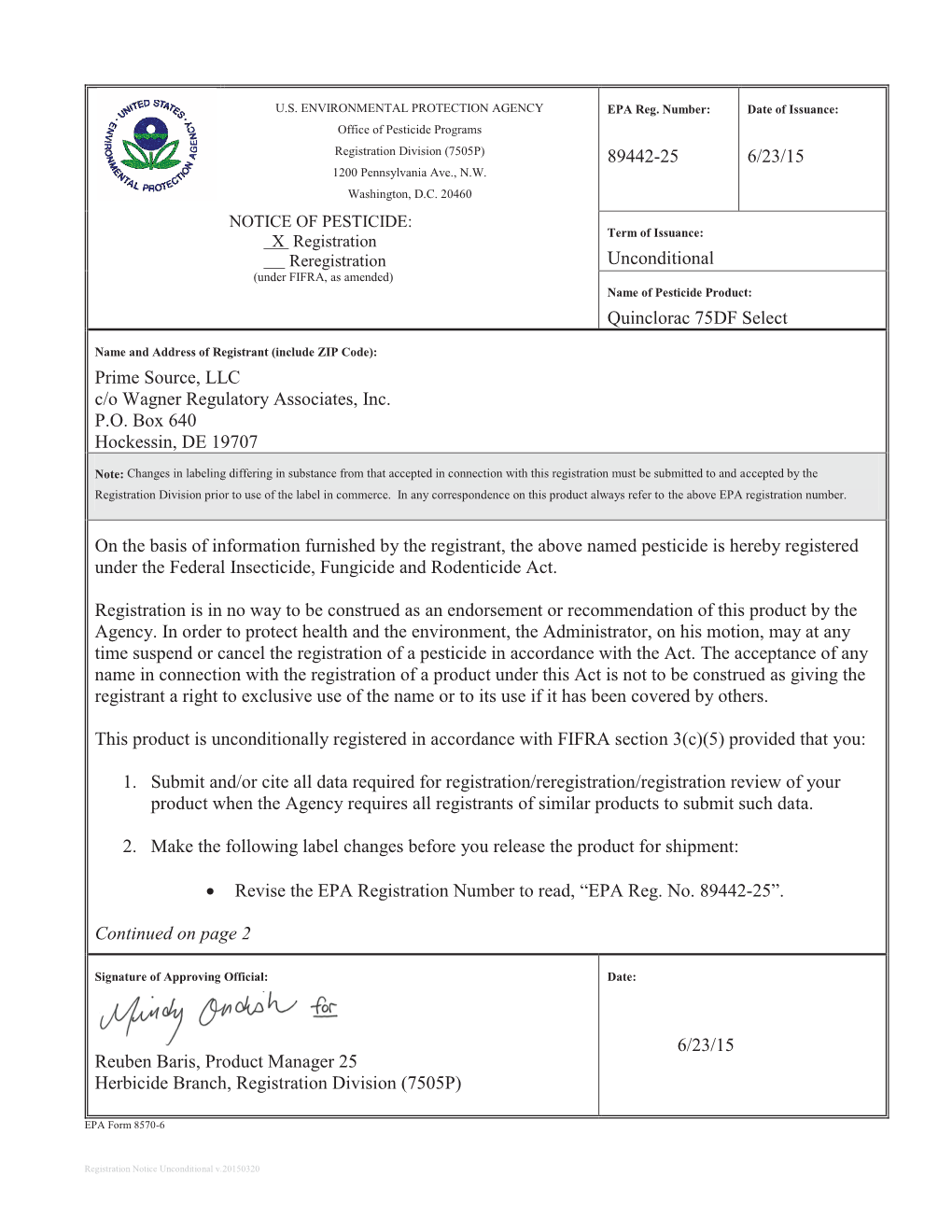 US EPA, Pesticide Product Label, QUINCLORAC 75DF SELECT,06