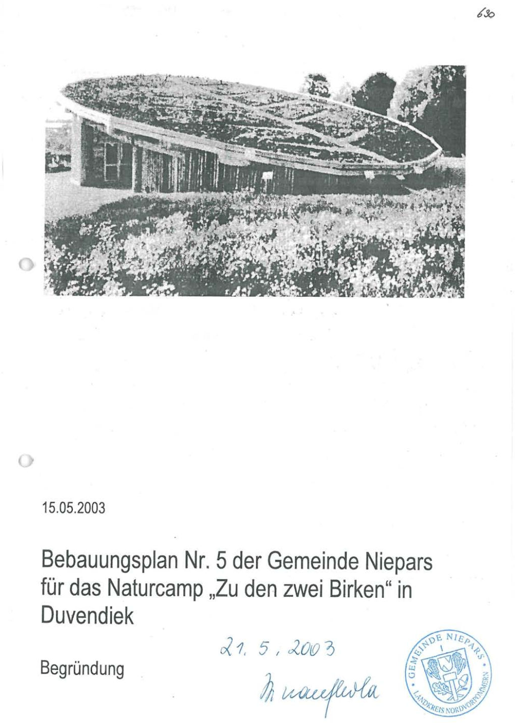 Bebauungsplan Nr. 5 Der Gemeinde Niepars Für Das Naturcamp „Zu Den Zwei Birken" in Duvendiek O? 1