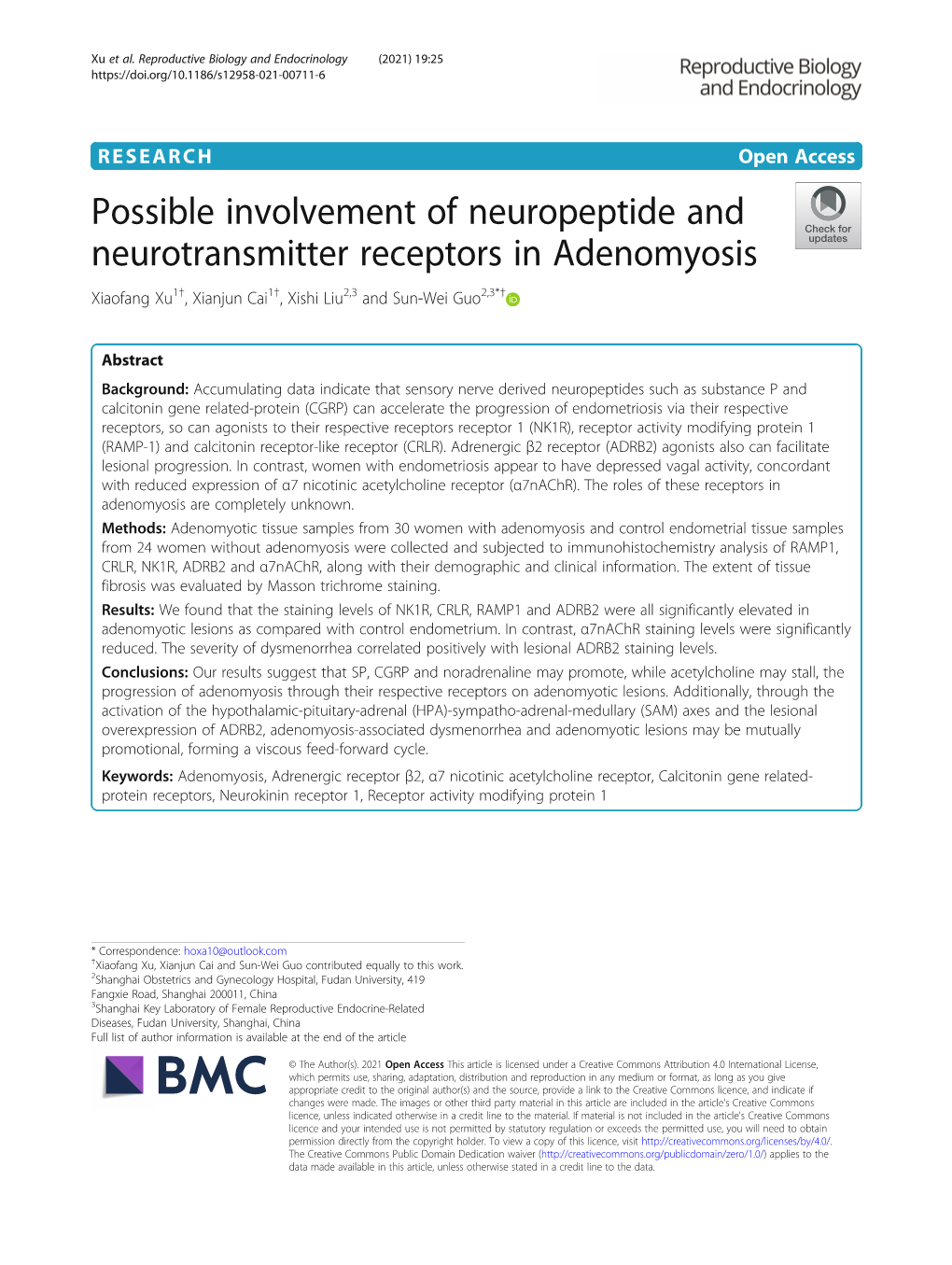 Possible Involvement of Neuropeptide and Neurotransmitter Receptors in Adenomyosis Xiaofang Xu1†, Xianjun Cai1†, Xishi Liu2,3 and Sun-Wei Guo2,3*†