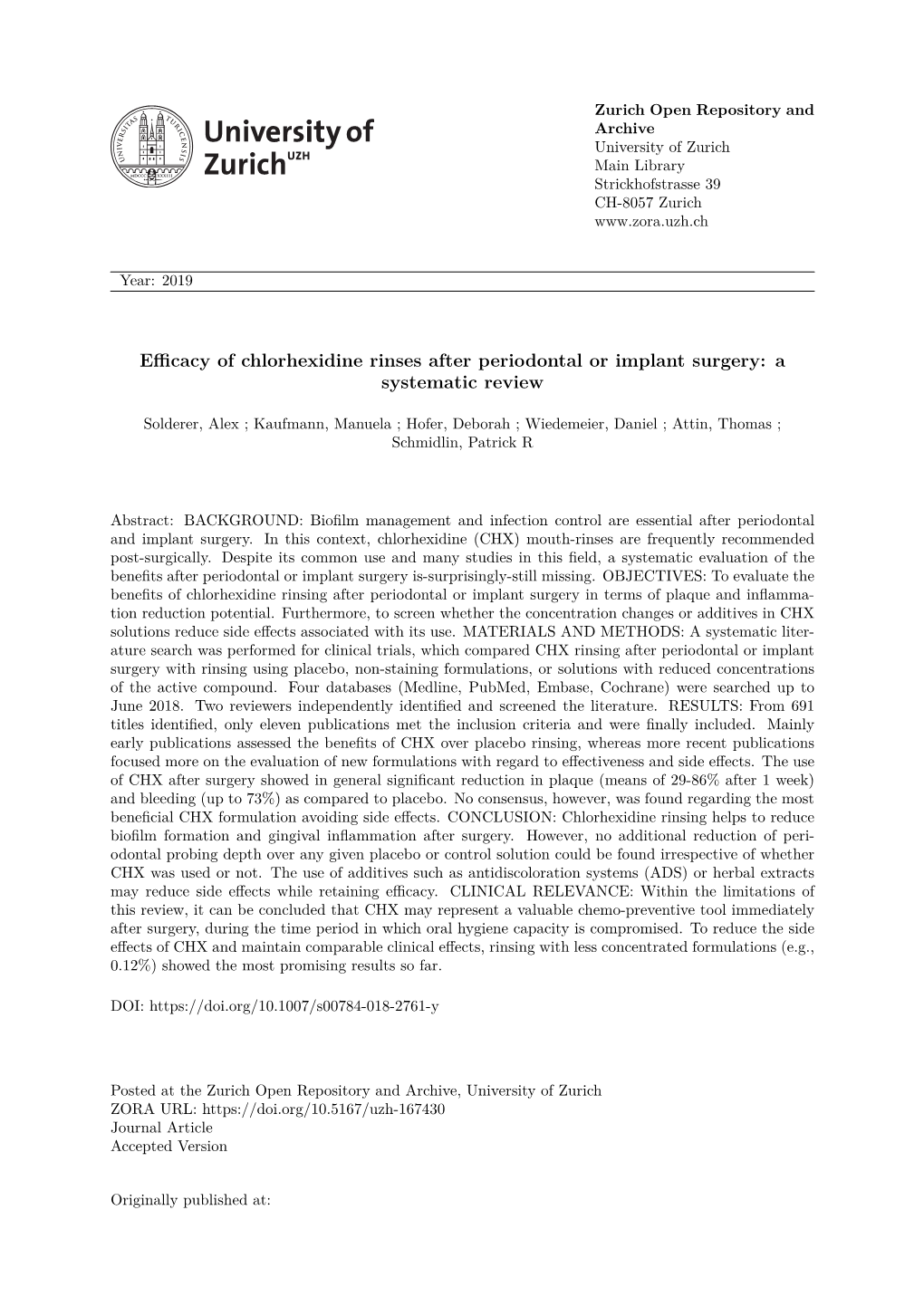 Efficacy of Chlorhexidine Rinses After Periodontal Or Implant Surgery: a Systematic Review