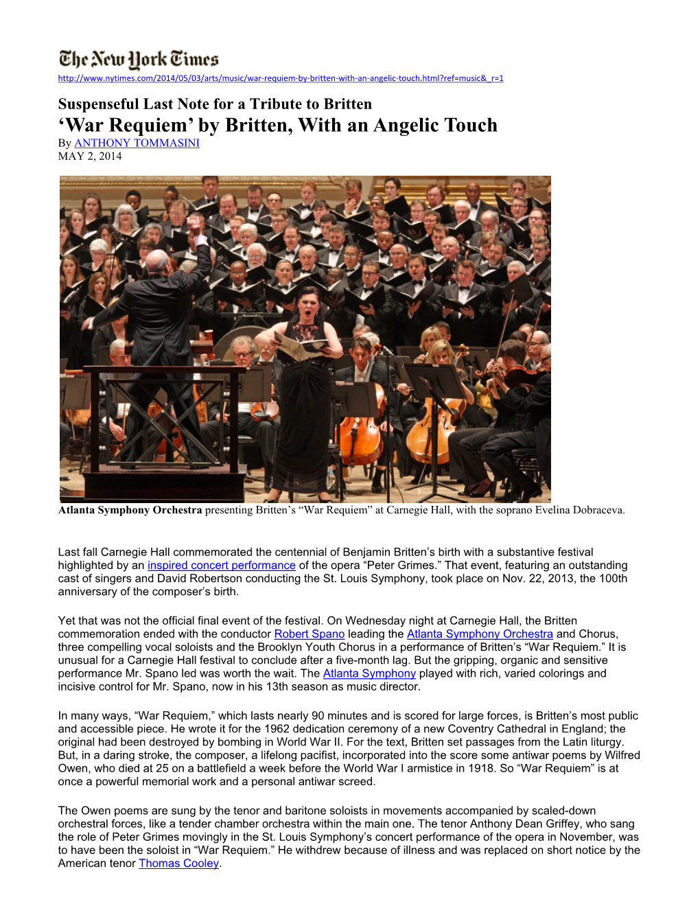'War Requiem' by Britten, with an Angelic Touch