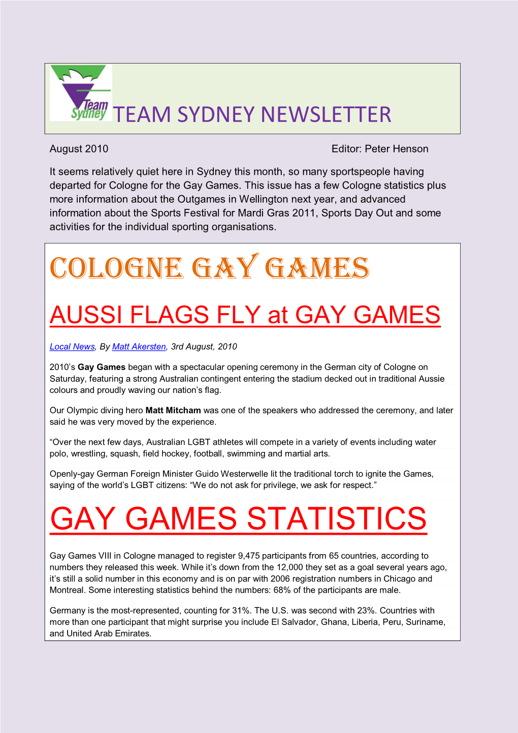 Cologne Gay Games Gay Games Statistics