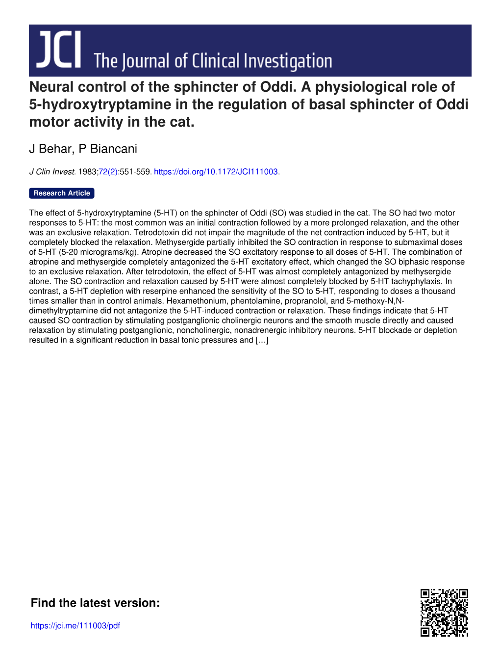 Neural Control of the Sphincter of Oddi. a Physiological Role of 5-Hydroxytryptamine in the Regulation of Basal Sphincter of Oddi Motor Activity in the Cat