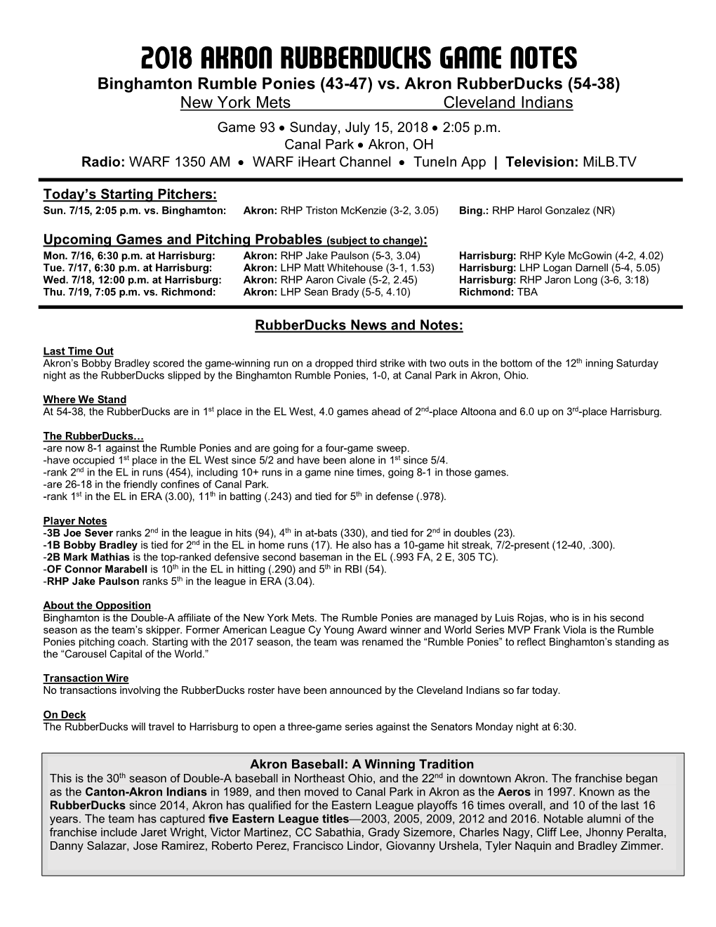 Rubberducks Game Notes 071518