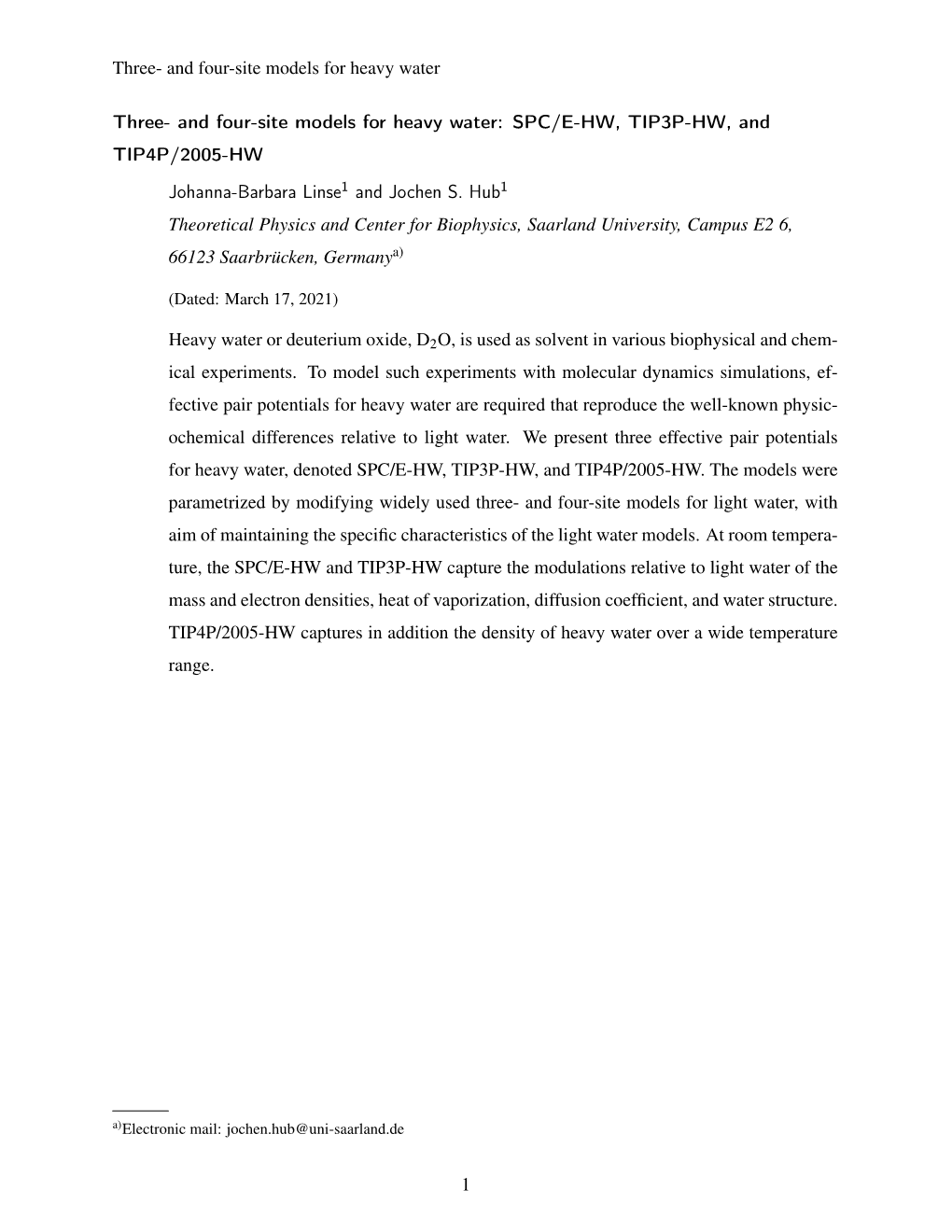 And Four-Site Models for Heavy Water: SPC/E-HW, TIP3P-HW, and TIP4P/2005-HW