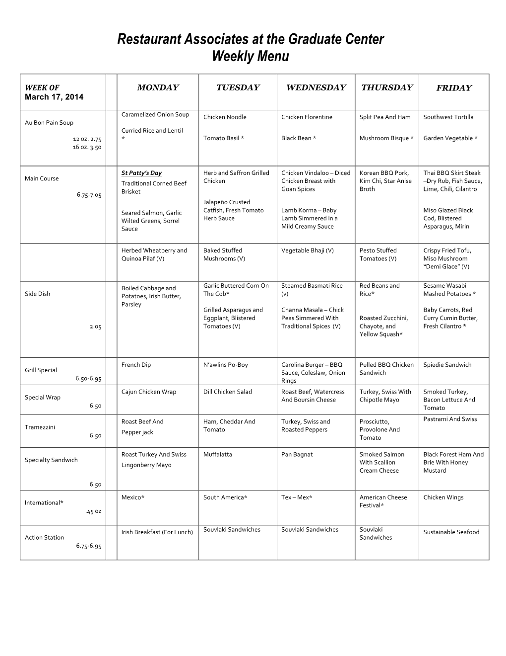 Restaurant Associates at the Graduate Center Weekly Menu