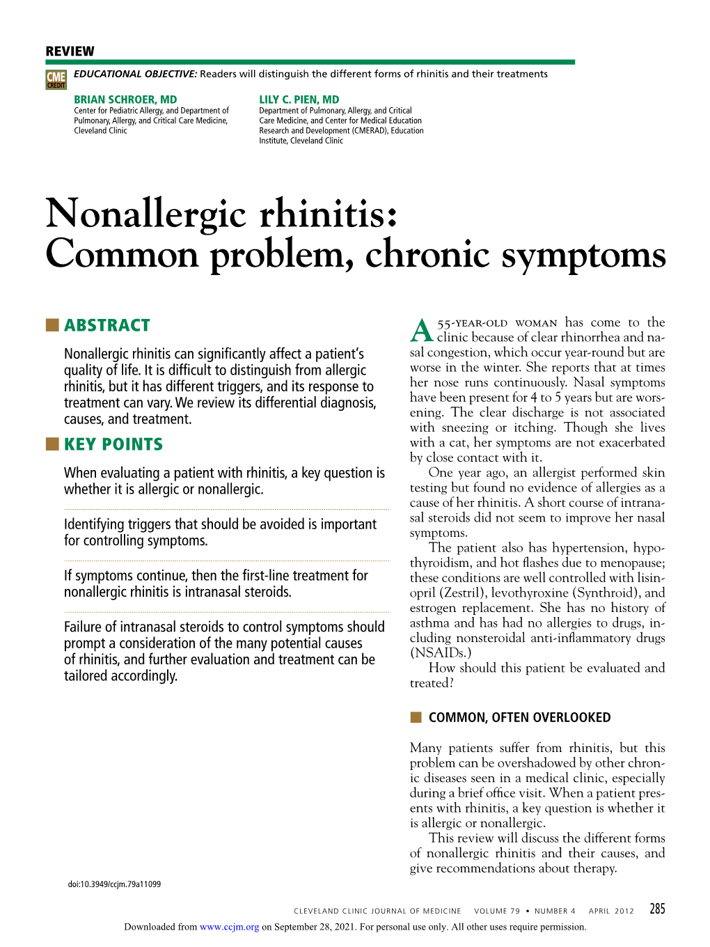 Nonallergic Rhinitis: Common Problem, Chronic Symptoms