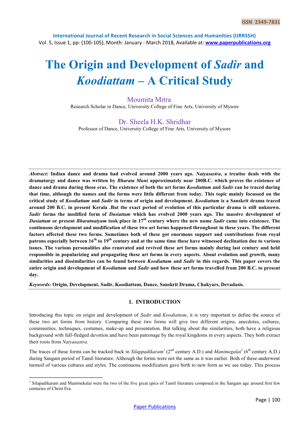 The Origin and Development of Sadir and Koodiattam – a Critical Study