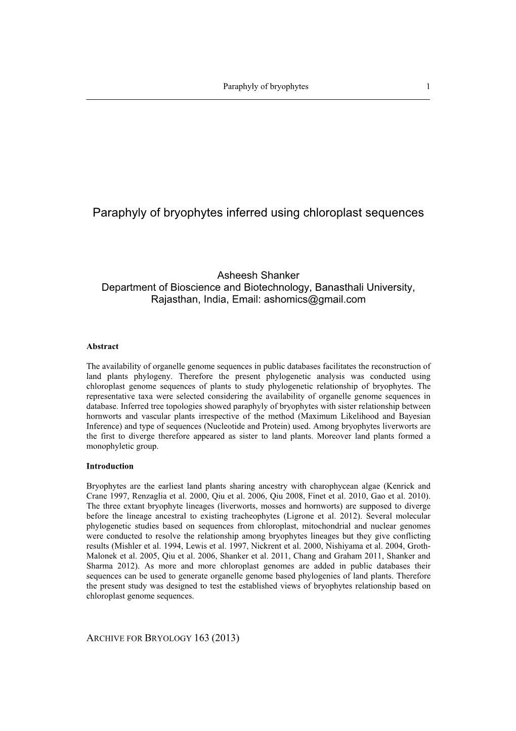 Paraphyly of Bryophytes Inferred Using Chloroplast Sequences