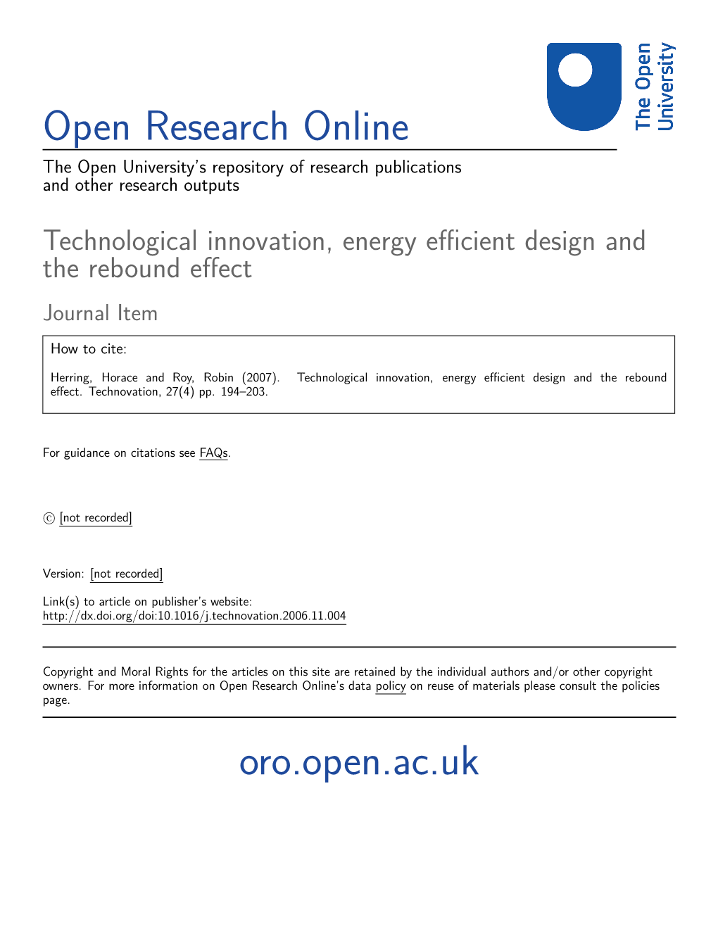 Technological Innovation, Energy Efficient Design and the Rebound Effect