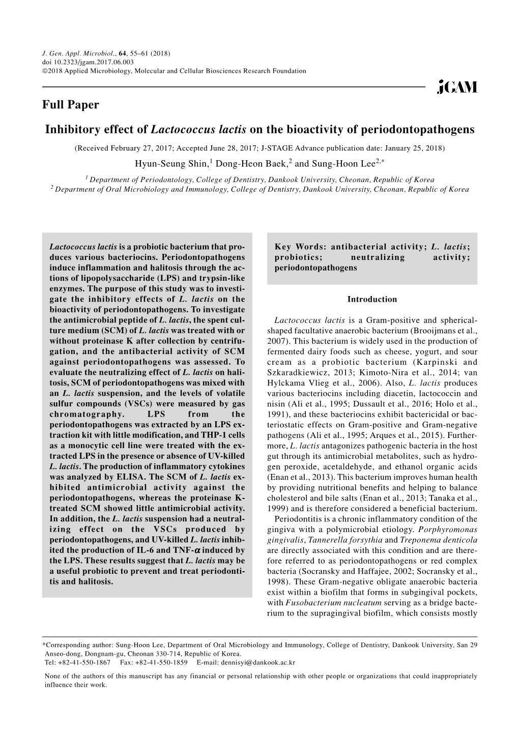 Inhibitory Effect of Lactococcus Lactis on the Bioactivity of Periodontopathogens