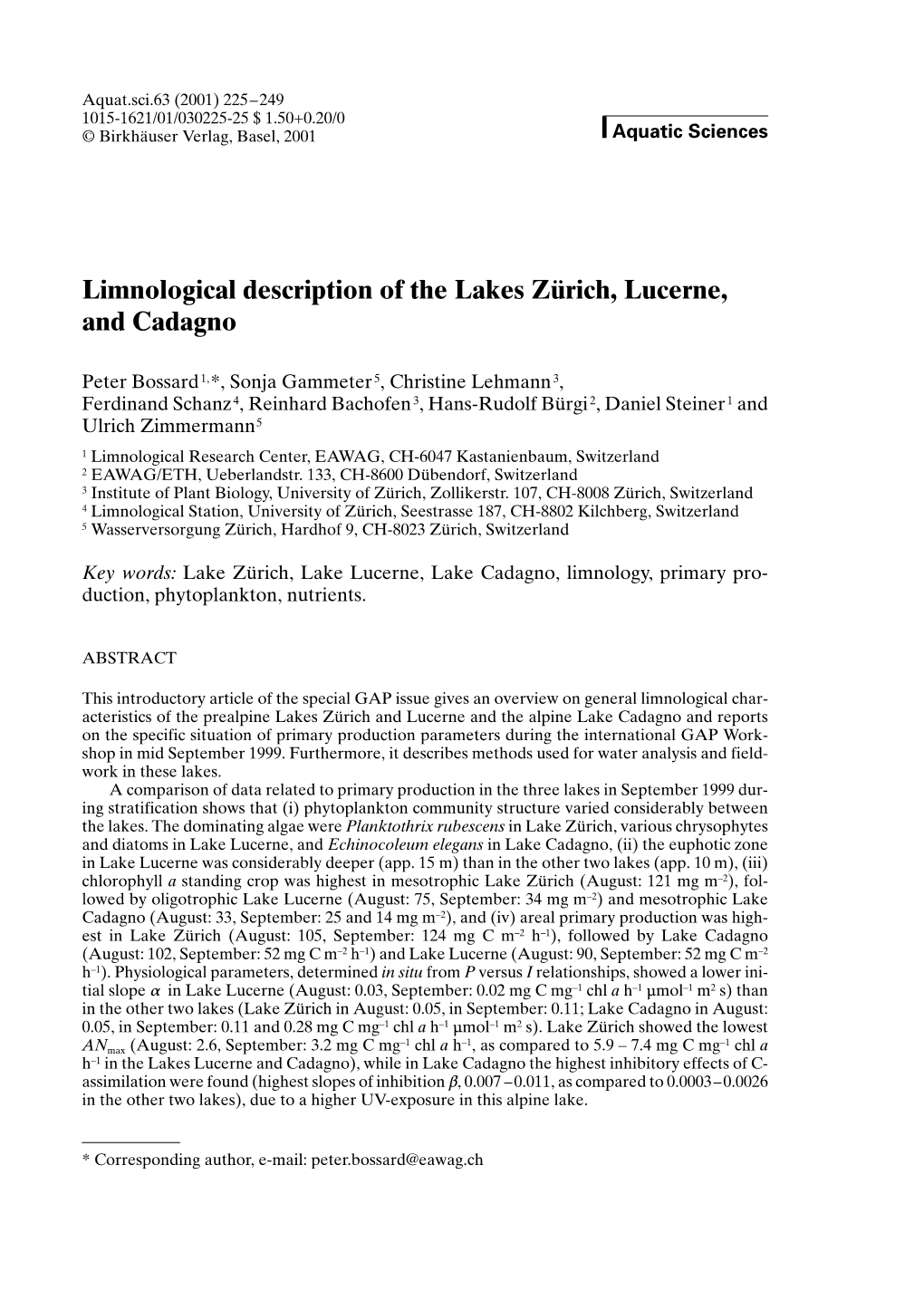 Limnological Description of the Lakes Zürich, Lucerne, and Cadagno