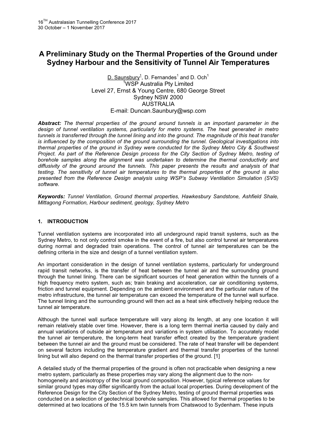 A Preliminary Study on the Thermal Properties of the Ground Under Sydney Harbour and the Sensitivity of Tunnel Air Temperatures