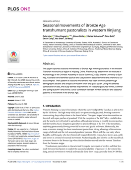 Seasonal Movements of Bronze Age Transhumant Pastoralists in Western Xinjiang