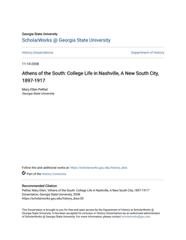 College Life in Nashville, a New South City, 1897-1917