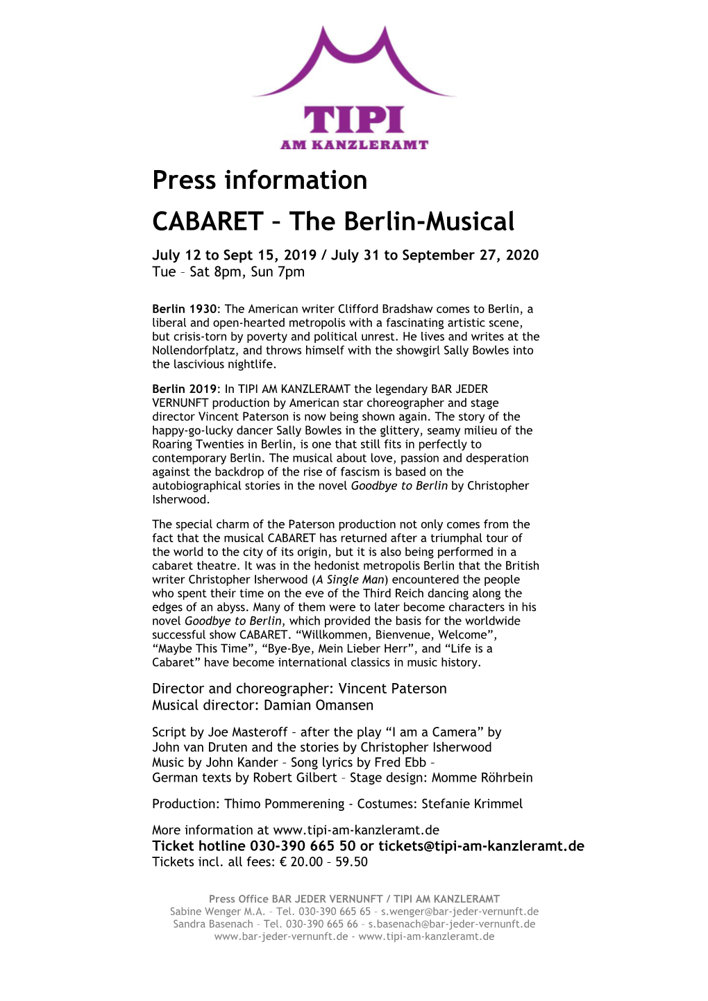 Press Information CABARET – the Berlin-Musical