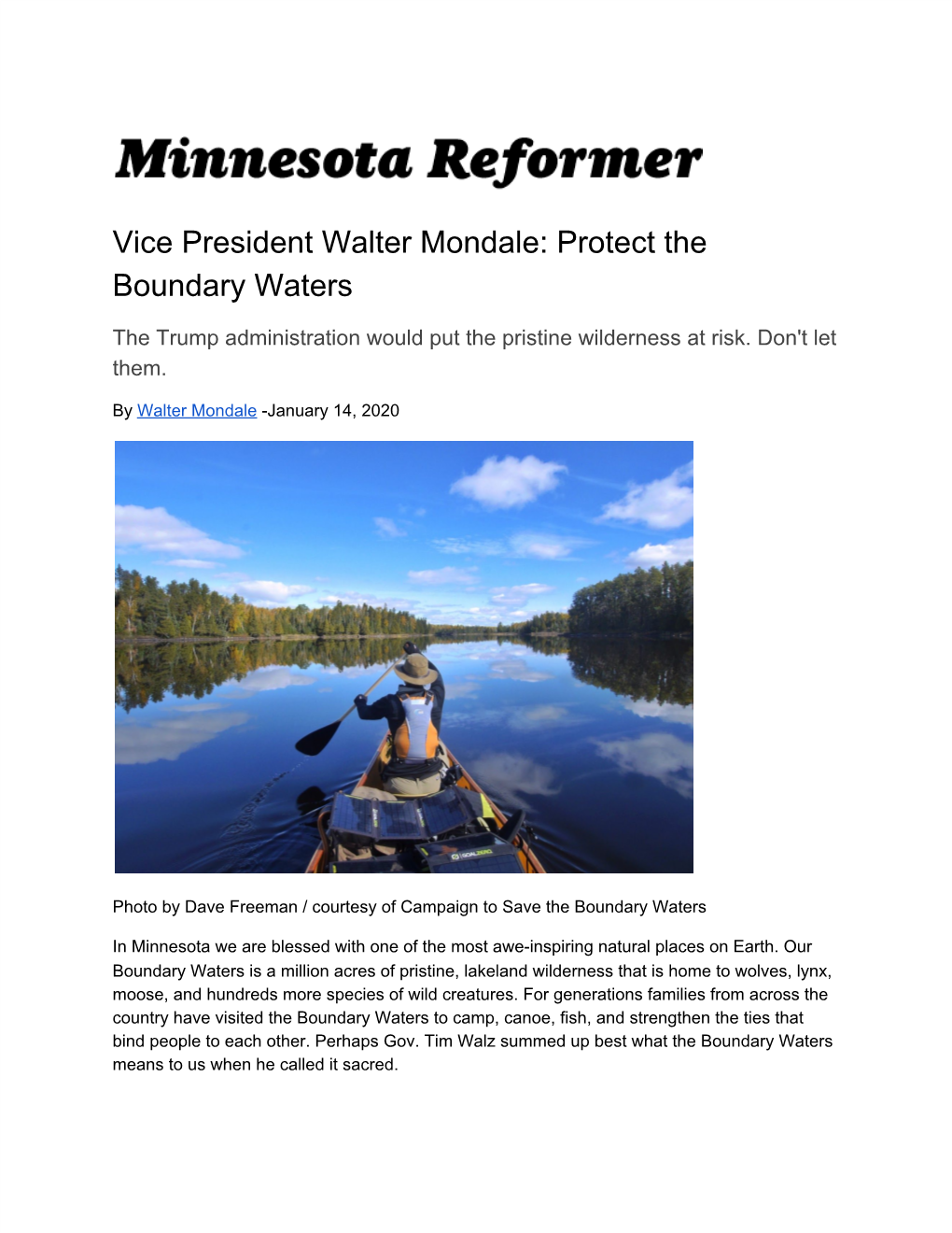 Vice President Walter Mondale: Protect the Boundary Waters