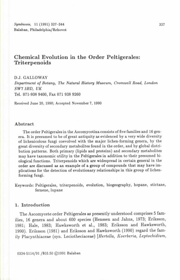 Chemical Evolution in the Order Peltigerales: Triterpenoids
