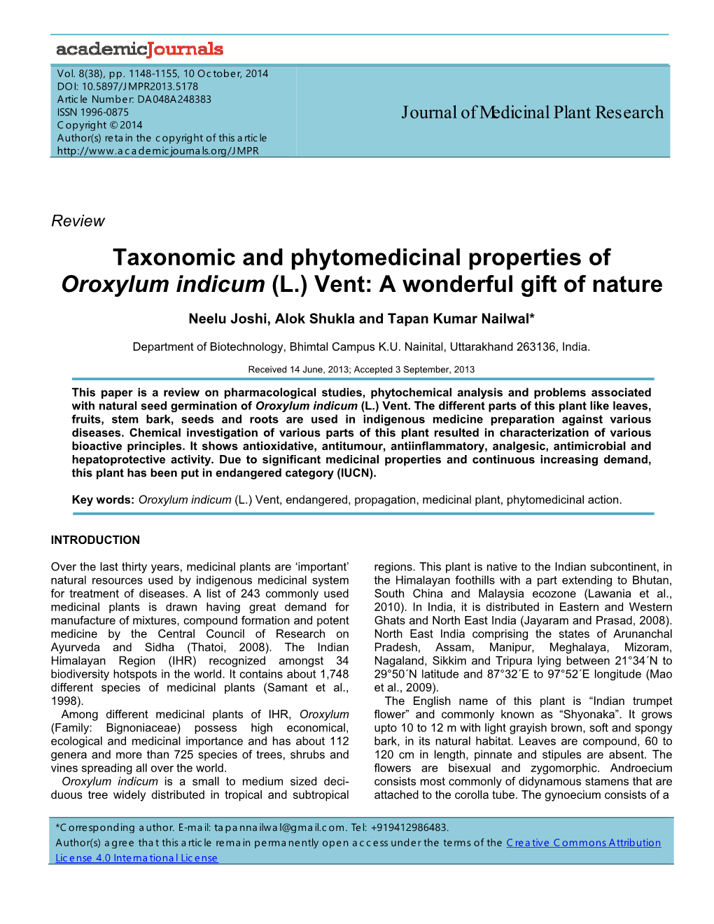 Taxonomic and Phytomedicinal Properties of Oroxylum Indicum (L.) Vent: a Wonderful Gift of Nature