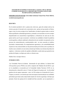 Estudio De Ecotipos Nativos De La Quinua Real Menos Comercializadas En La Region Del Intersalar Estado Plurinacional De Bolivia