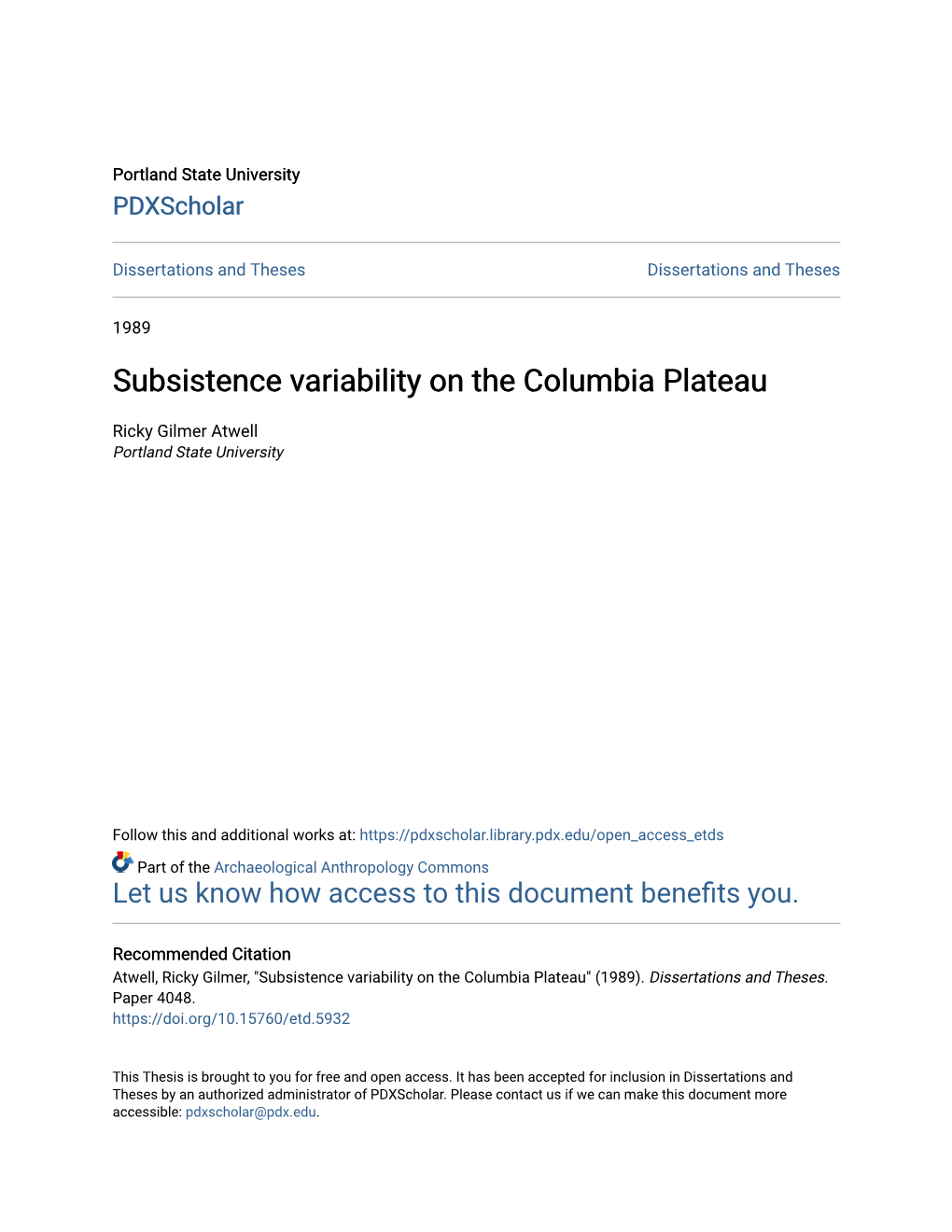 Subsistence Variability on the Columbia Plateau