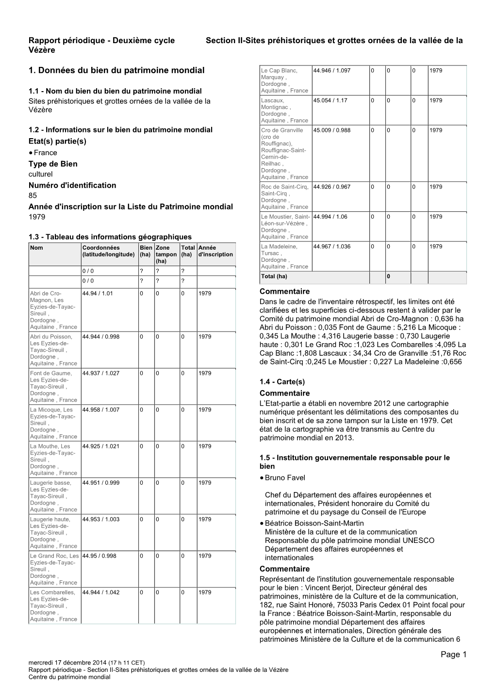 1. Données Du Bien Du Patrimoine Mondial