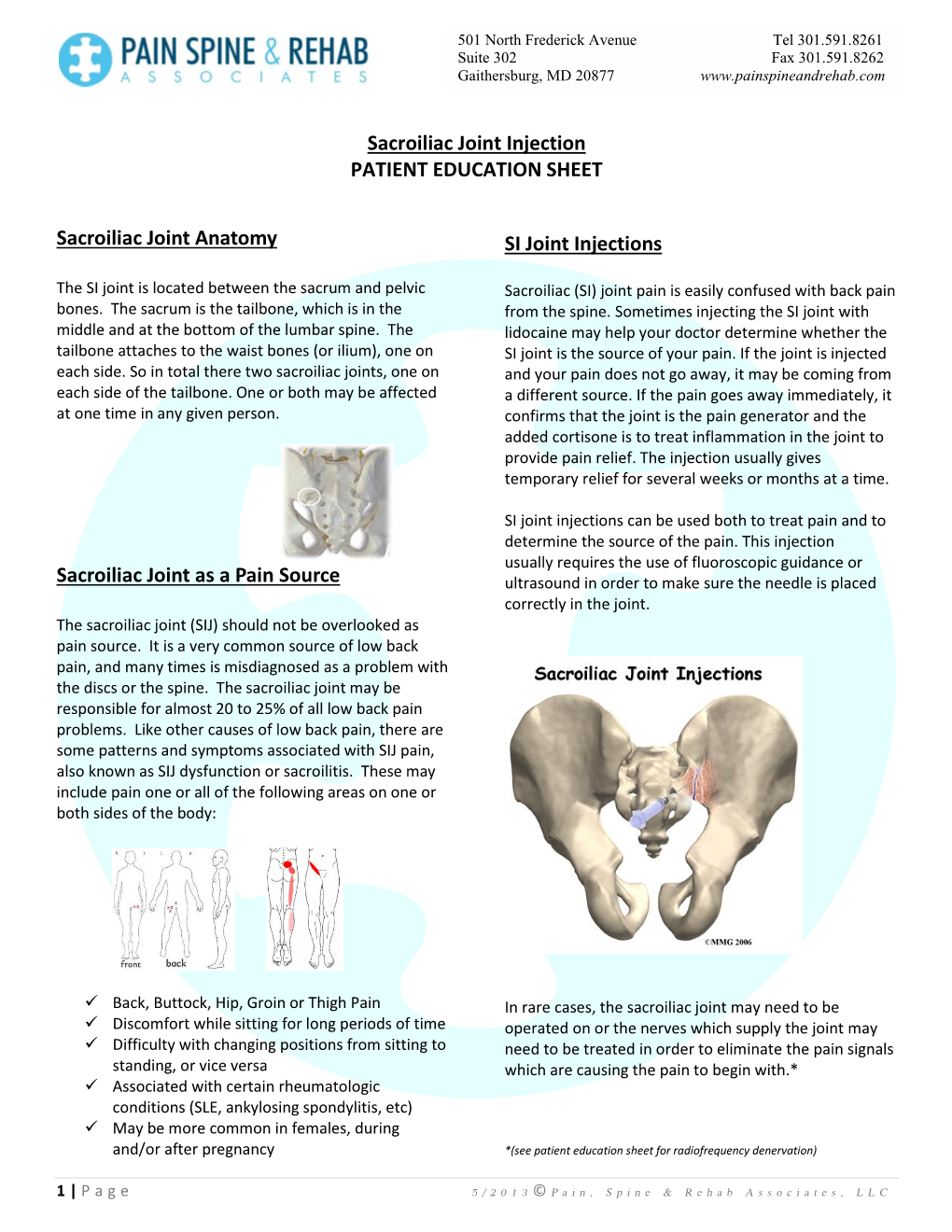 Sacroiliac Joint Injection PATIENT EDUCATION SHEET