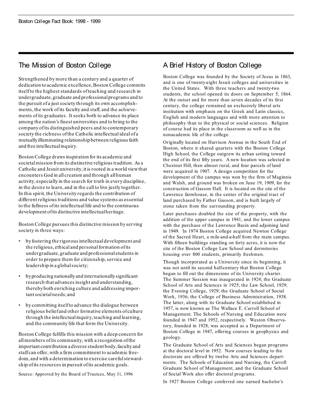 Mission, History, Chronology of Boston College