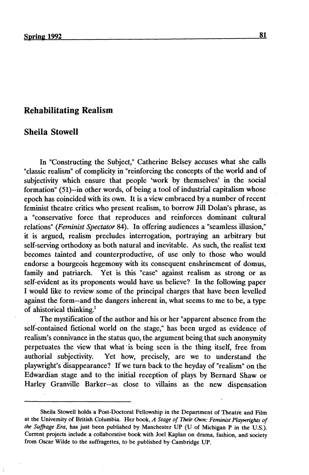 Rehabilitating Realism Sheila Stowell