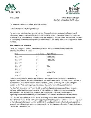 June 2, 2021 COVID-19 Status Report Oak Park Village Board of Trustees To: Village President and Village Board of Trustees