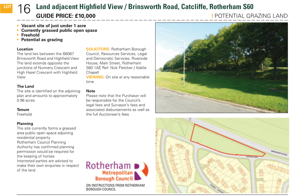 Land Adjacent Highfield View / Brinsworth Road, Catcliffe, Rotherham S60 16 GUIDE PRICE: £10,000 | POTENTIAL GRAZING LAND