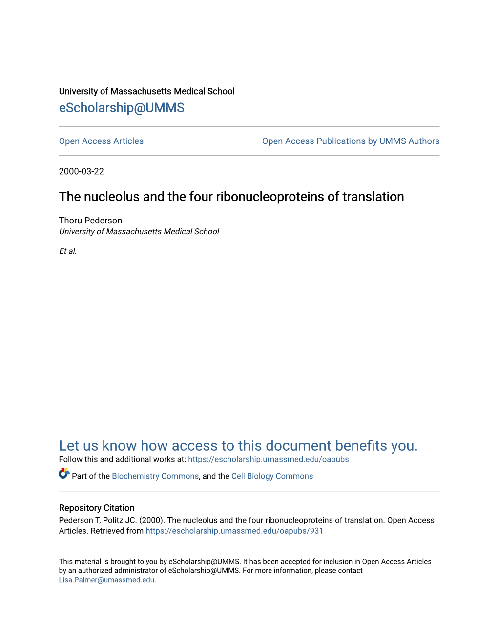 The Nucleolus and the Four Ribonucleoproteins of Translation