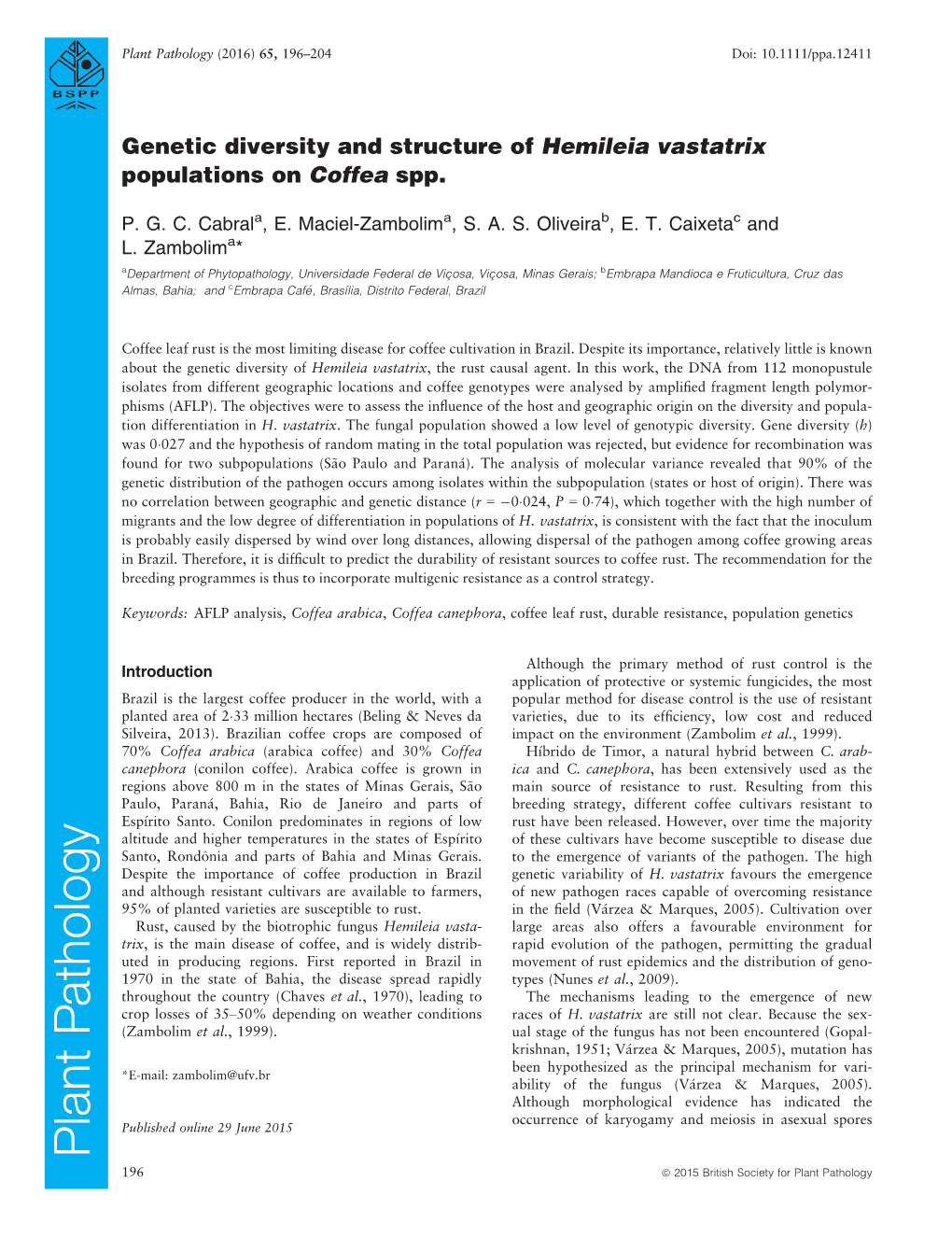 Genetic Diversity and Structure of Hemileia Vastatrix Populations on Coffea Spp