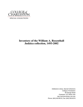Inventory of the William A. Rosenthall Judaica Collection, 1493-2002